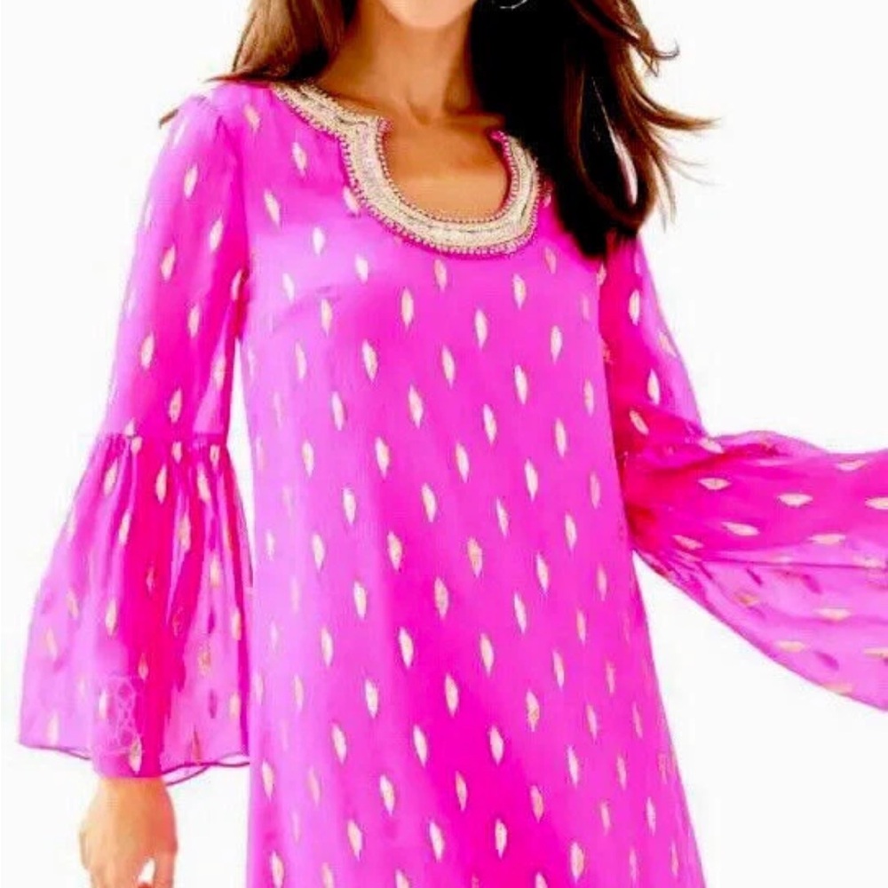 Lilly Pulitzer Amory Vibrant Pink Dress with Gold Details size 8 $298